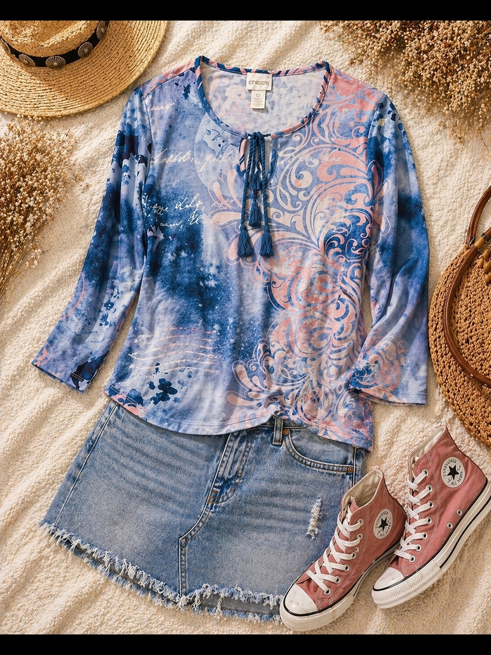 Chico’s Blue Pink Boho Tie Neck Top Size 0